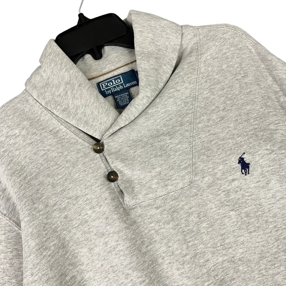 Vintage 90s Polo Ralph Lauren Shawl Collar Sweatshirt‎ Elbow Patches Gray L Mens